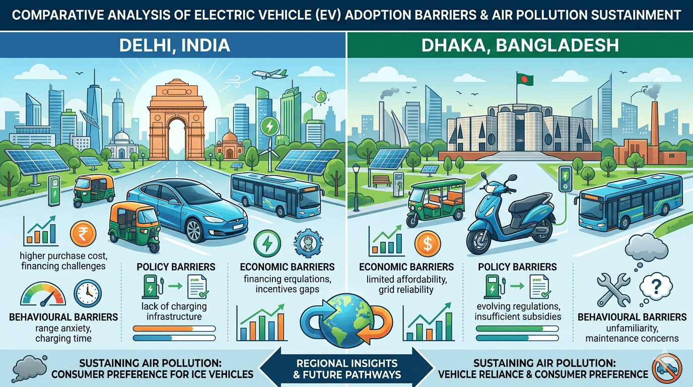 A Comparative Analysis of Economic, Policy, and Behavioural Barriers to Electric Vehicle Adoption in Delhi (India) and Dhaka (Bangladesh): Sustaining Air Pollution Through Consumer Preference