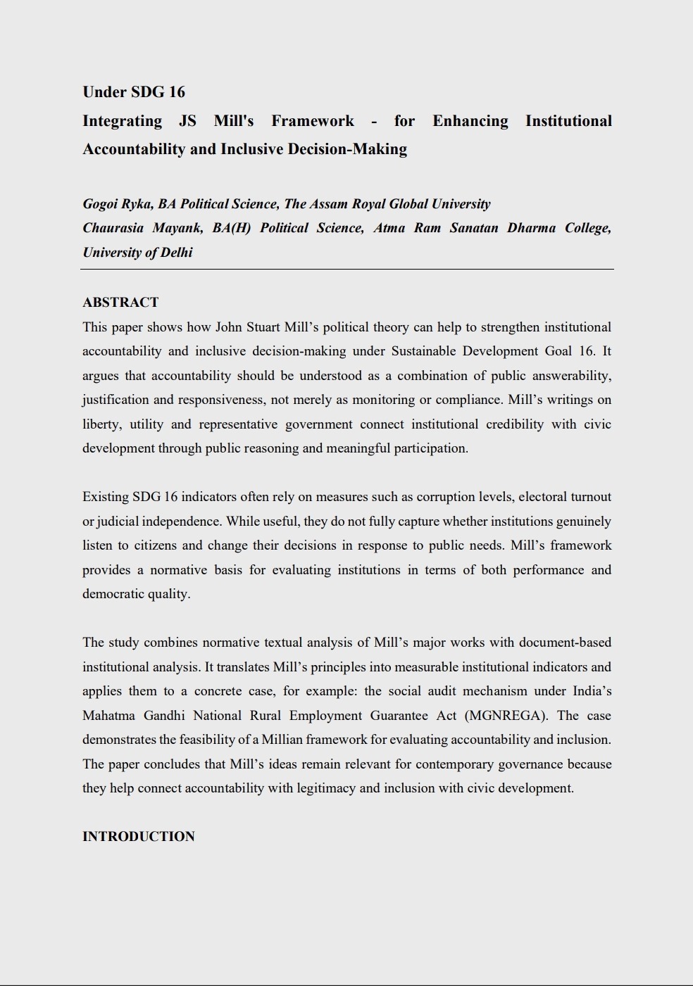 Under SDG 16 Integrating JS Mill’s Framework – for Enhancing Institutional Accountability and Inclusive Decision-Making