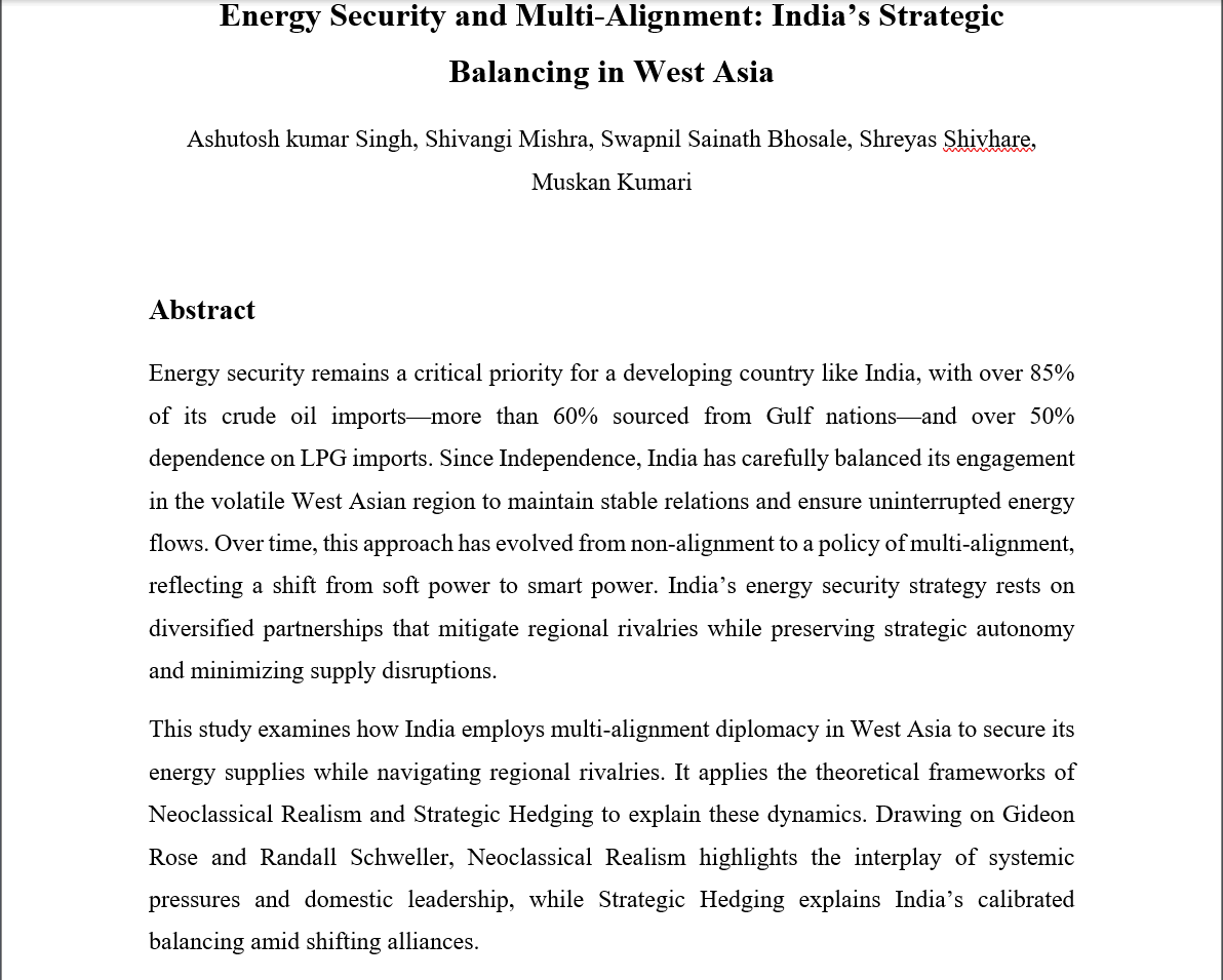Energy Security and Multi-Alignment: India’s Strategic Balancing in West Asia