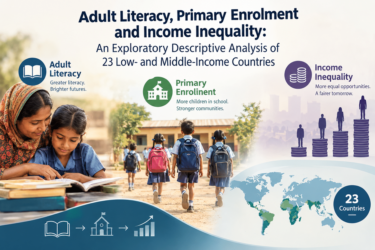 Adult Literacy, Primary Enrolment and Income Inequality: An Exploratory Descriptive Analysis of 23 Low- and Middle-Income Countries